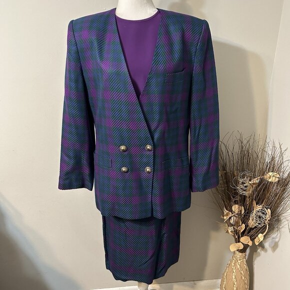 Vtg Kasper For ASL 3pc Skirt Suit Plaid Purple Green Jacket Lined Blouse Sz 14 - Picture 1 of 14